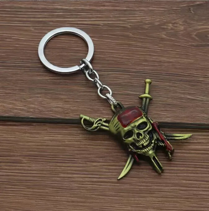 Silver split ring necklace featuring a green skull pendant with red accents.