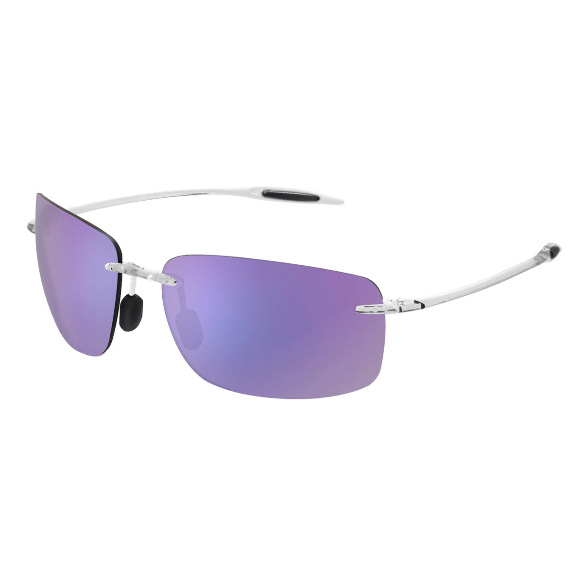 Rimlose Sport-Sonnenbrille mit lila Linsen und silbernen Metallstelchen