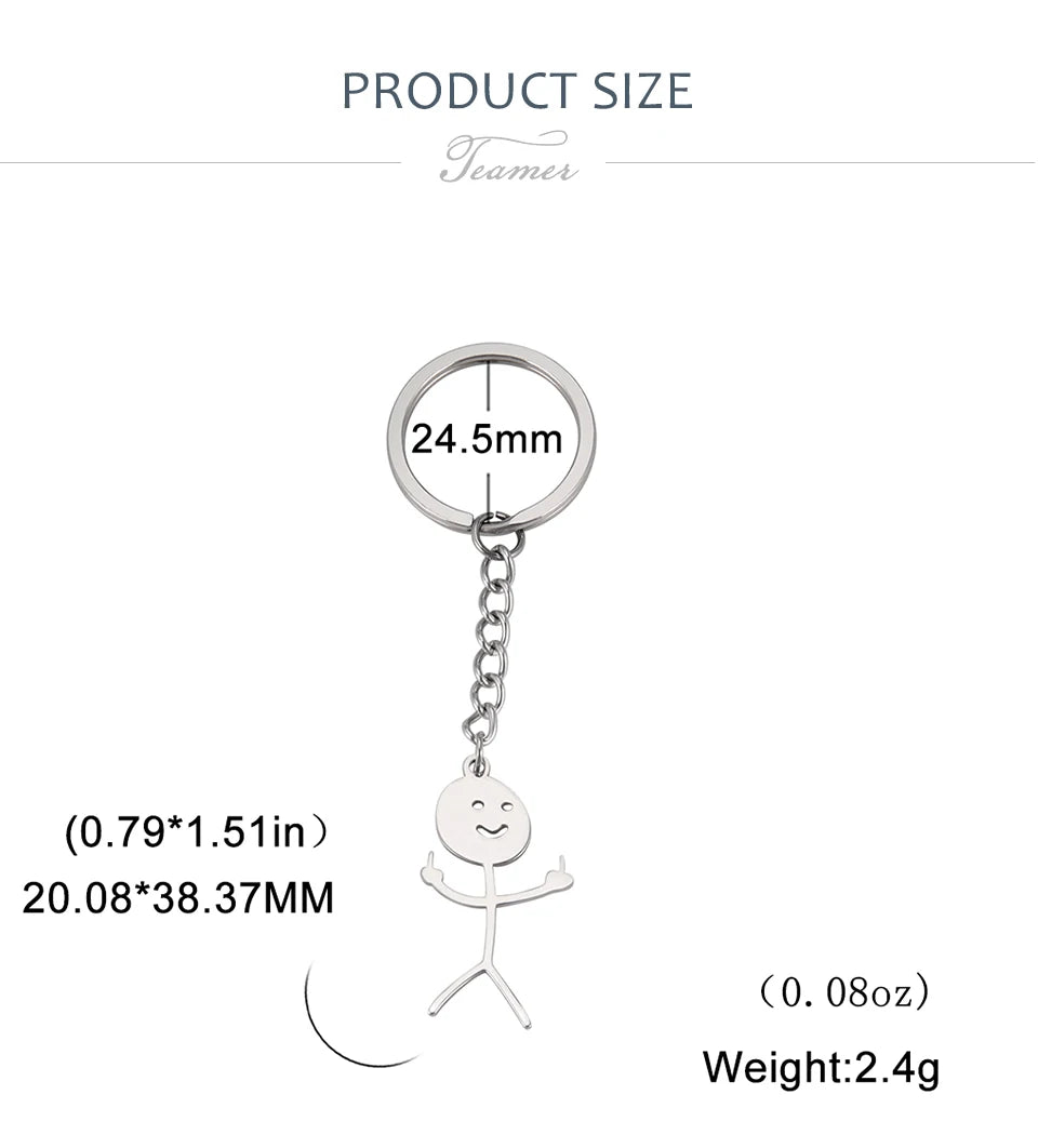Silver stickman middle finger keychain with a loop and chain