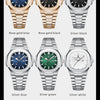 Set aus vier leuchtenden Quarz-Paaruhren in verschiedenen Finishes: Roségold-Blau, Roségold-Schwarz, Silber-Schwarz.