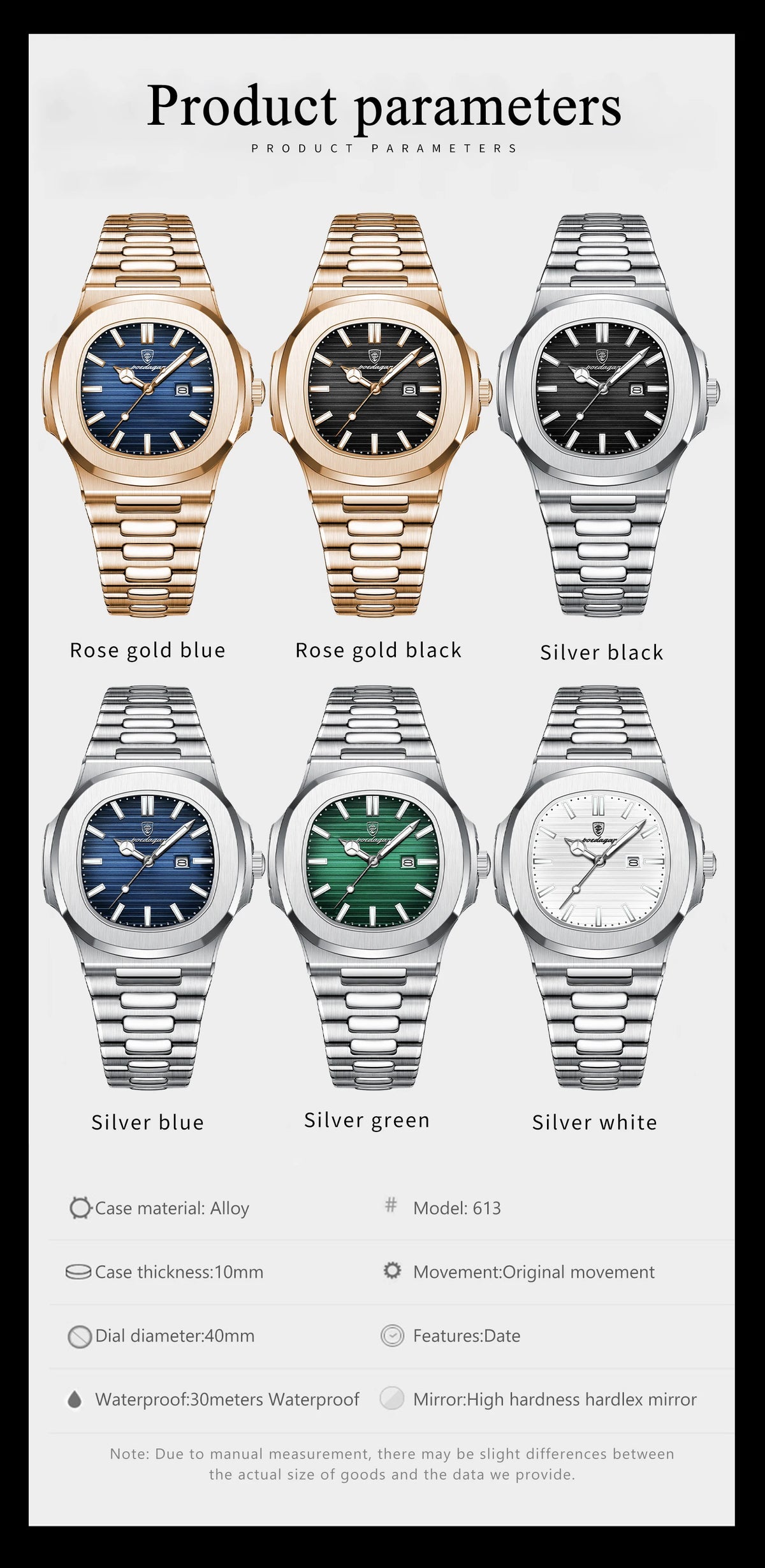 Set aus vier leuchtenden Quarz-Paaruhren in verschiedenen Finishes: Roségold-Blau, Roségold-Schwarz, Silber-Schwarz.