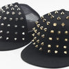 Black flat hat baseball cap adorned with gold and silver rivets
