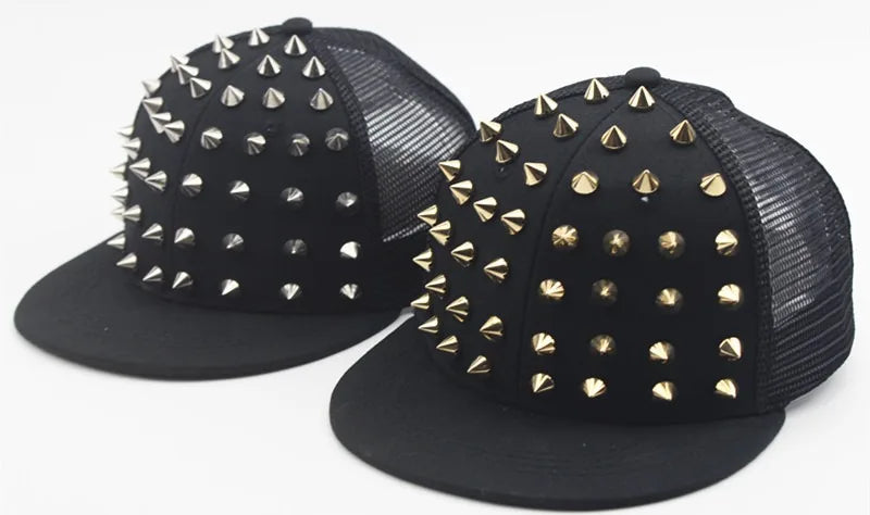 Black flat hat baseball cap adorned with gold and silver rivets