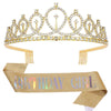A gold-toned tiara crown with clear stones and a glittery gold sash for a birthday girl
