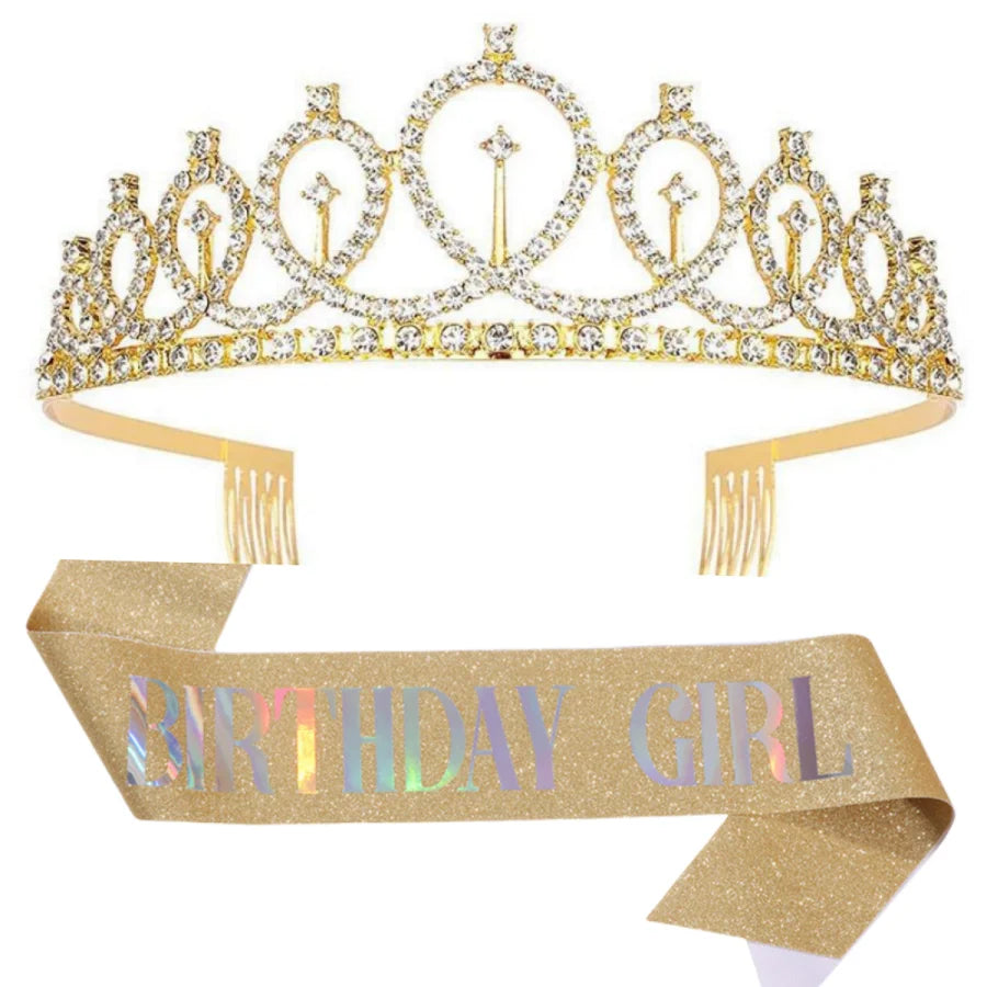 A gold-toned tiara crown with clear stones and a glittery gold sash for a birthday girl