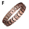 A close-up view of a copper magnetic therapy bracelet with a textured, metallic finish.