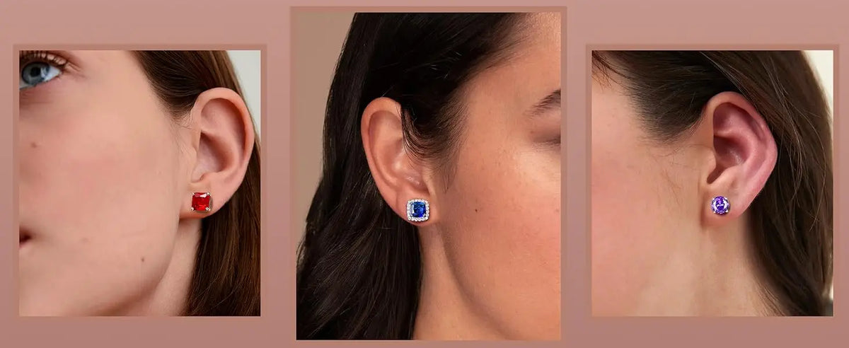 Close-up shots of simulated diamond stud earrings in 18K gold plating worn by a woman.