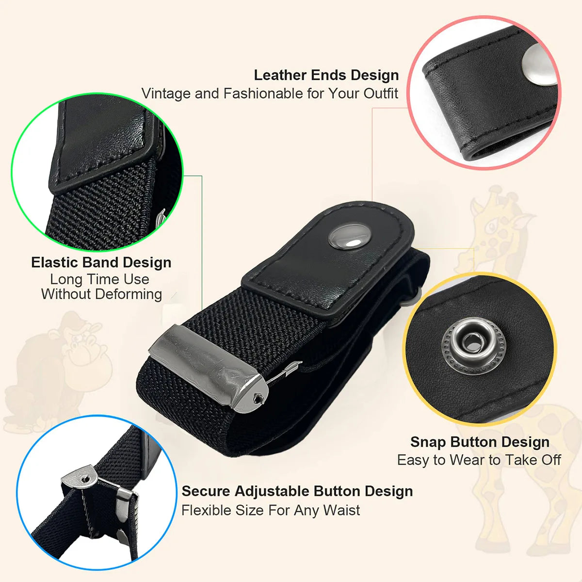 Black leather casual belt featuring an elastic band design and a snap button for easy wear.