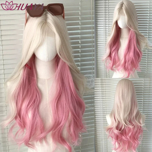 A long blonde hair wig with a pink gradient and wavy texture displayed on a mannequin.