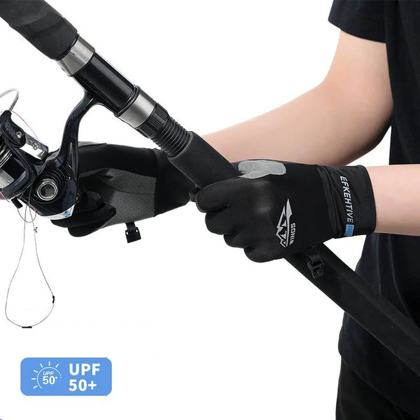A hand wearing black riding gloves holds a black and silver tool or device for UV protection