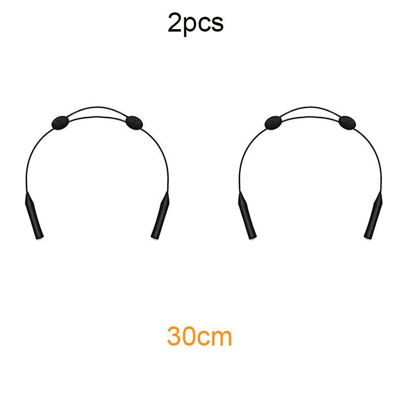 Two adjustable silicone eyewear straps, 30cm long.