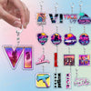 A collection of silver and pink keychains featuring various Vice City themed designs and text.