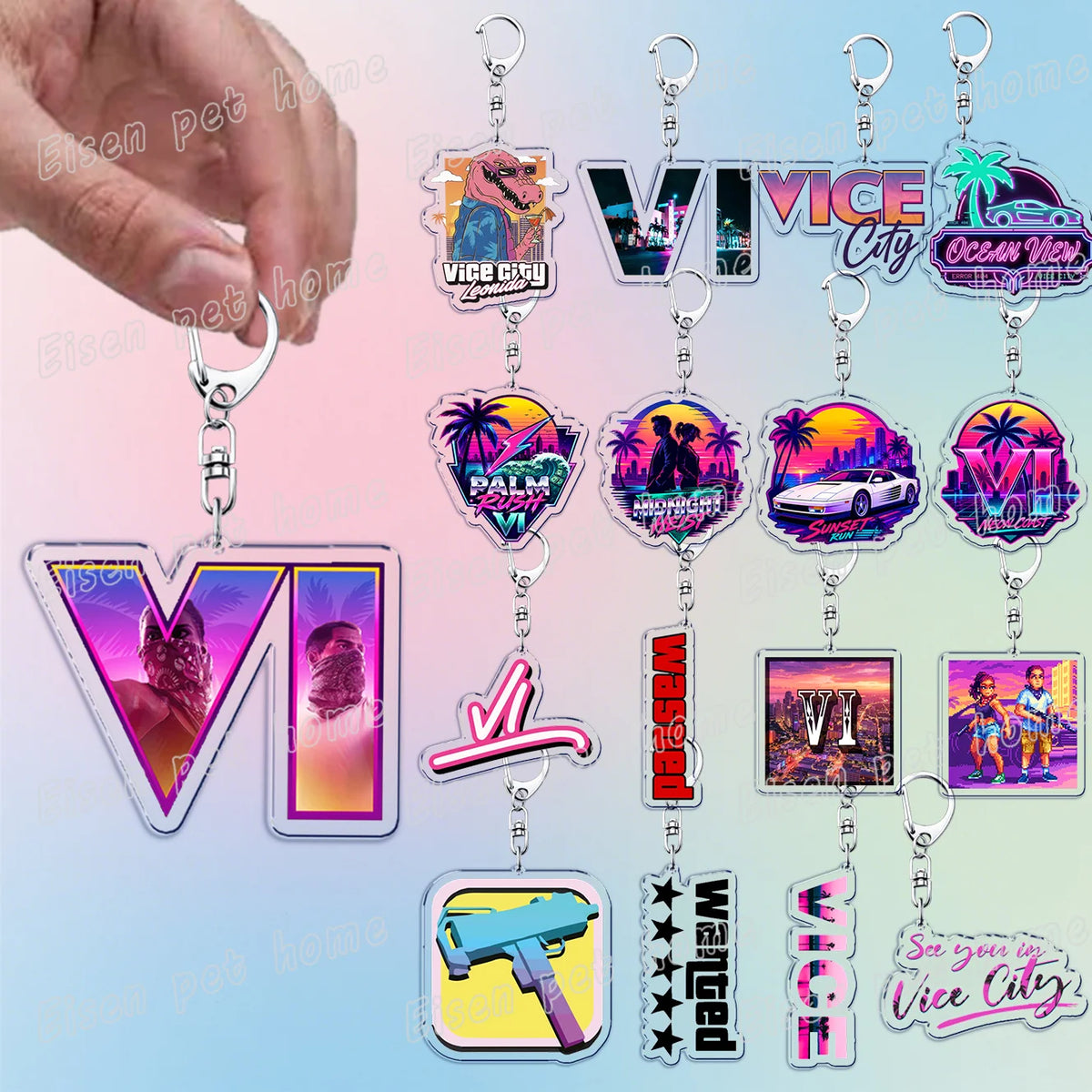 A collection of silver and pink keychains featuring various Vice City themed designs and text.