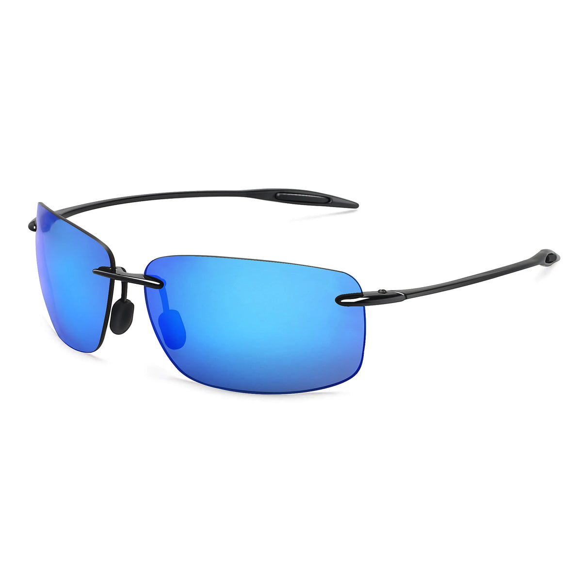 Randlose Sport-Sonnenbrille mit blauen spiegelnden Linsen und schwarzen Rahmen