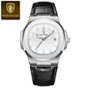 A silver-toned luxury square men's watch with a black leather strap and a gold-toned crown.