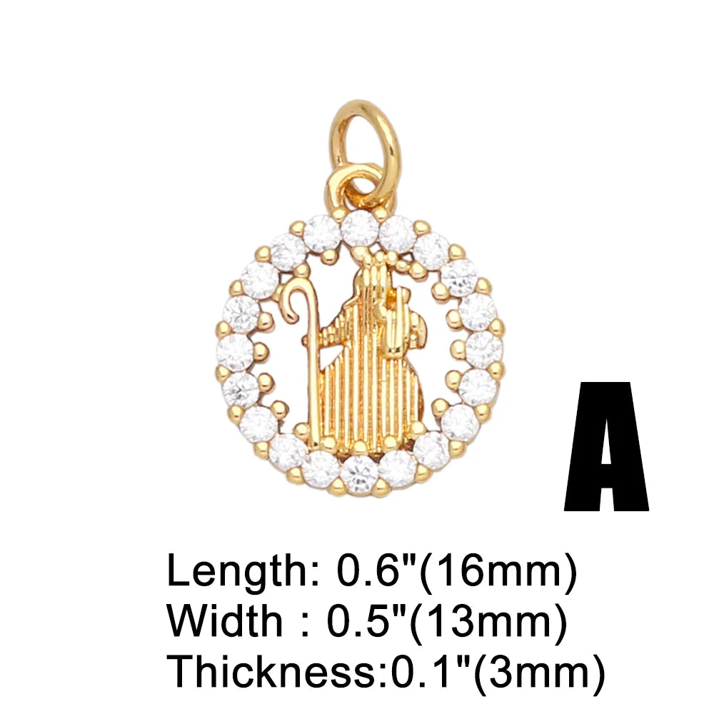 Gold plated charm featuring a Virgin Mary figure and cross, suitable for jewelry making.