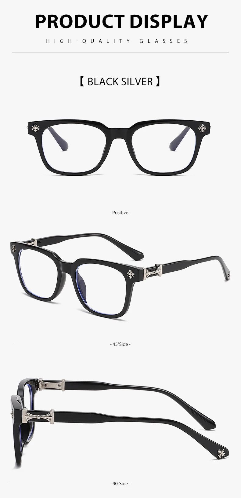 Black silver square eyeglasses displayed from multiple angles showing the frame design