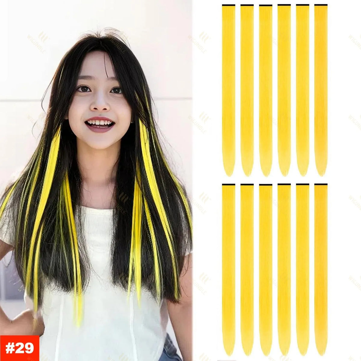 A woman shows off long, straight black hair extensions with bright yellow tips.