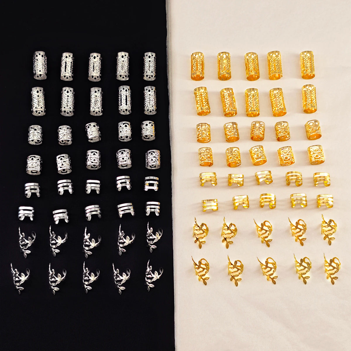 A collection of elegant hollow hair rings in silver and gold colors arranged on a black and cream background.