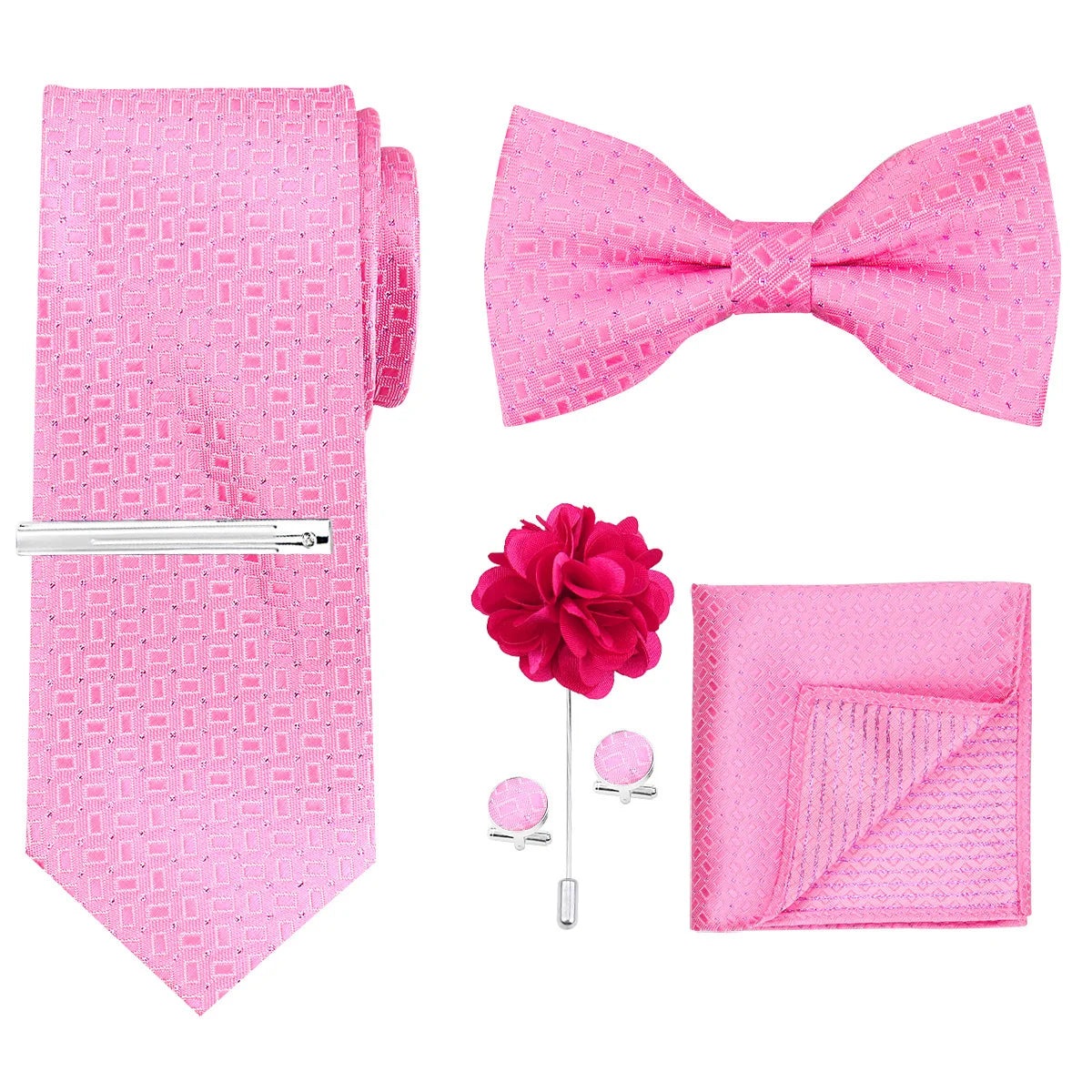 A pink men's formal tie and accessory set featuring a bow tie, necktie, and pocket square.