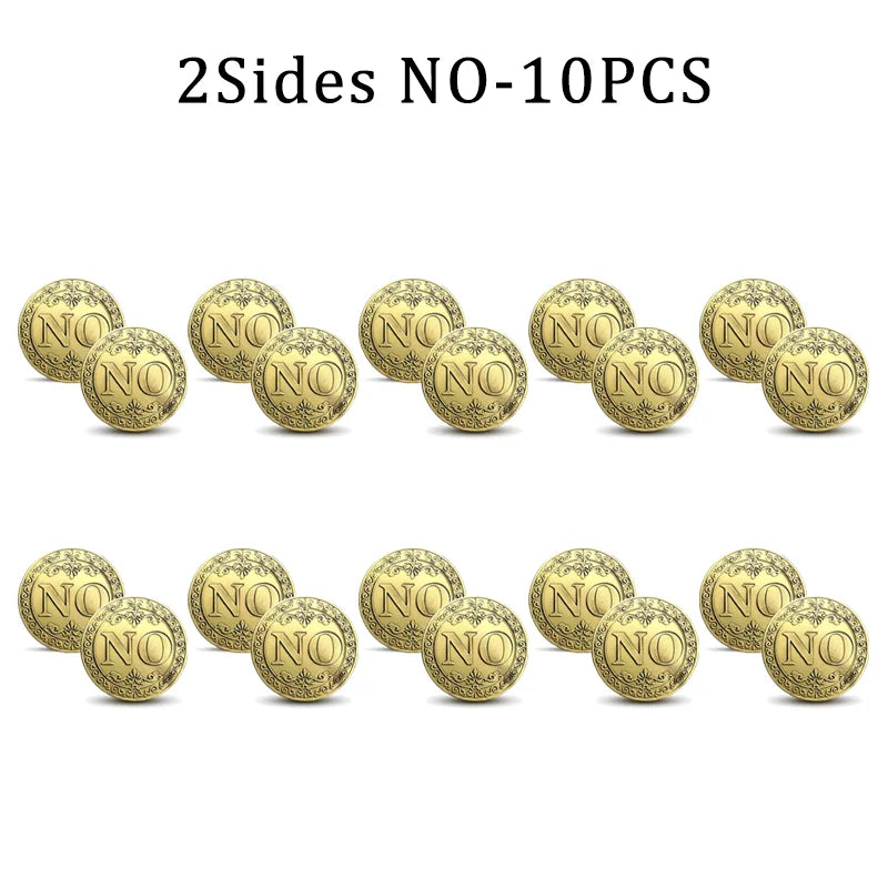A set of ten vintage antique bronze decision coins displayed in a row.