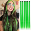 A set of 24 inch colored hair extensions in bright green, shown alongside a model with long green and brown hair.