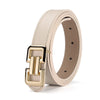 A beige leather belt with a gold-tone rectangular buckle shown against a white background.