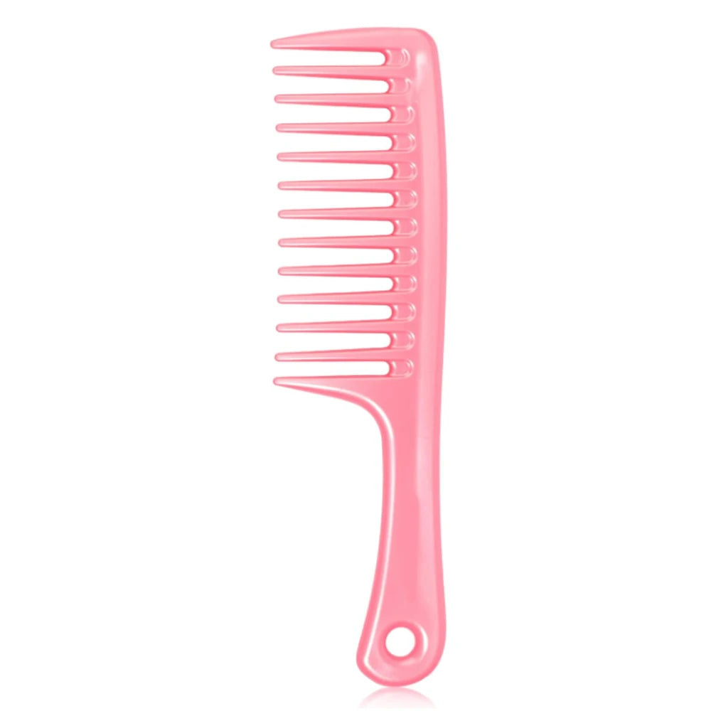 A pink 4-in-1 wide tooth detangling hair comb set with a curved handle.
