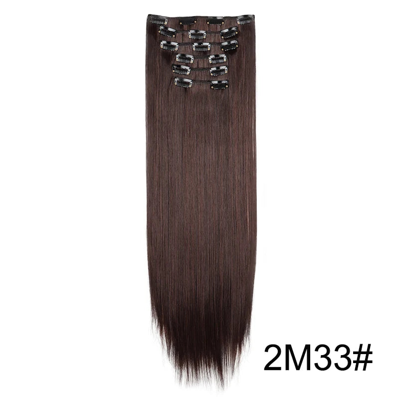 A bundle of long, straight, dark brown hair extensions with metal clips for natural styling.