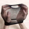 A hand is holding a black mesh wig cap designed for long hair.