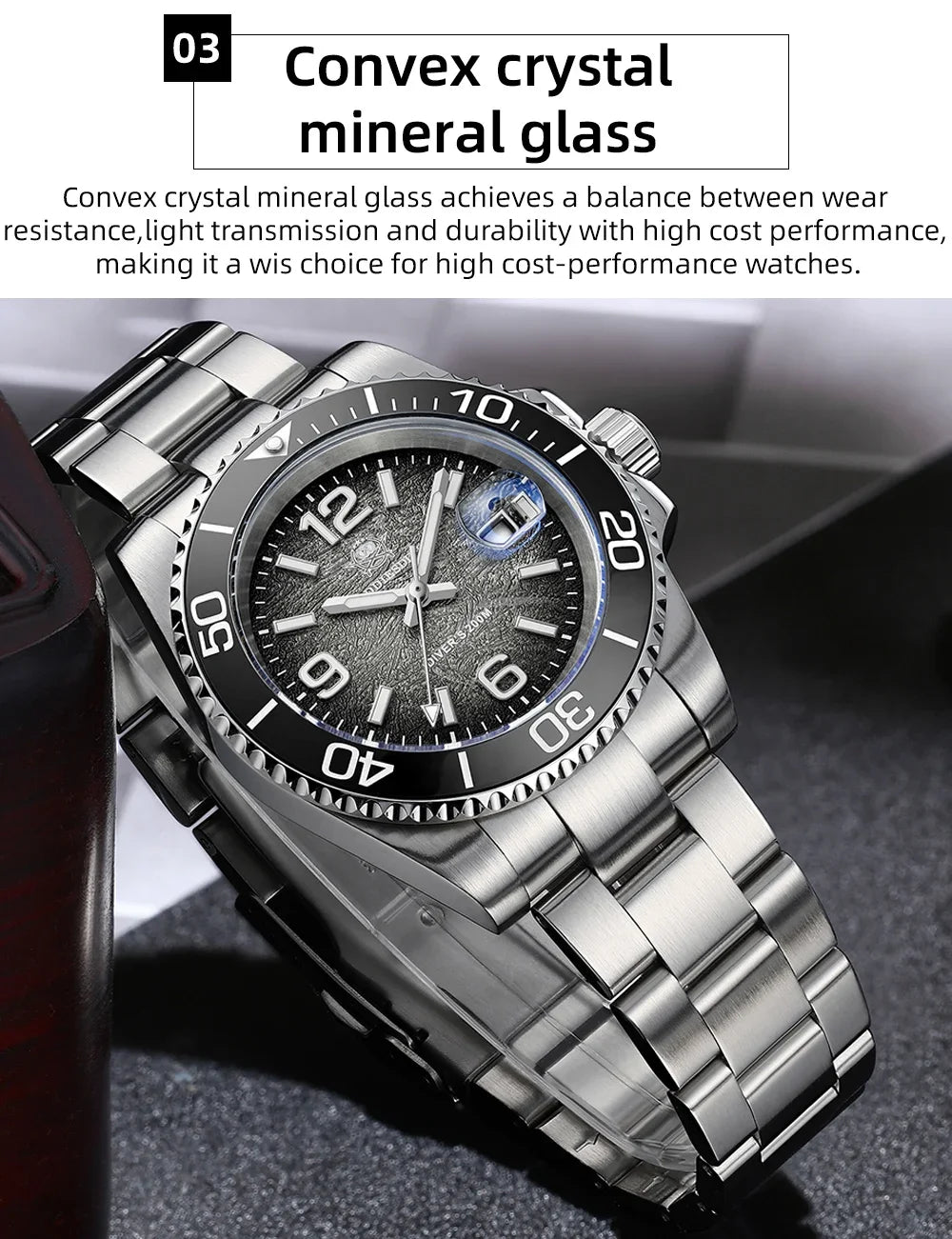 A silver diving quartz wristwatch with a black dial and luminous hands, shown on a dark surface.