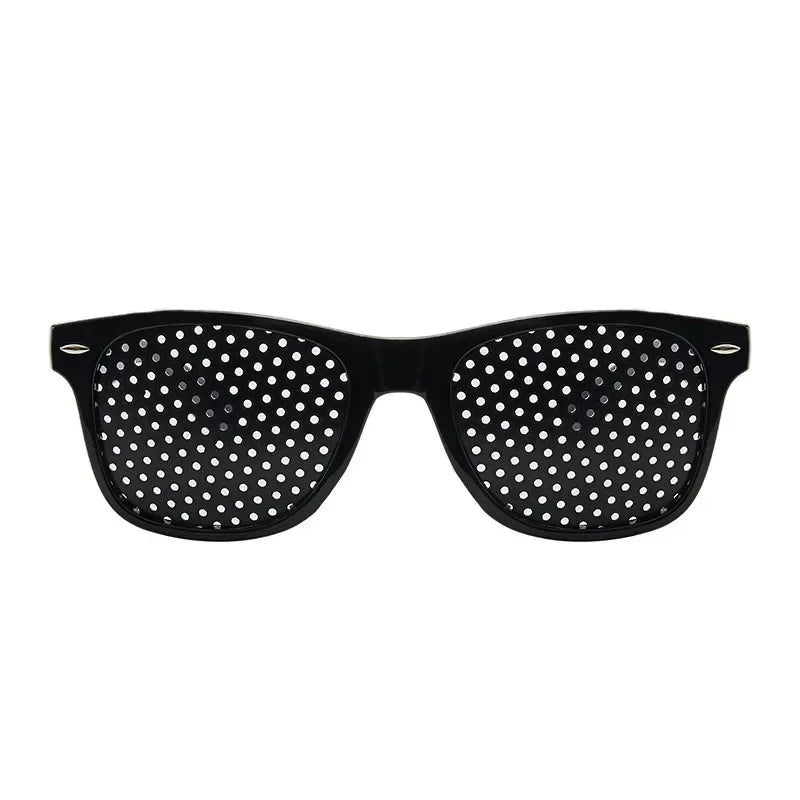 Black vision correction pinhole glasses with a perforated lens pattern