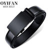 Black genuine leather belt with a buckle shown from the side.