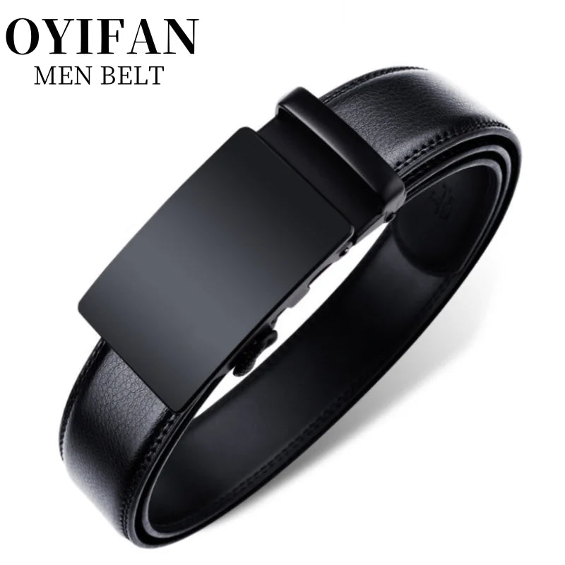 Black genuine leather belt with a buckle shown from the side.