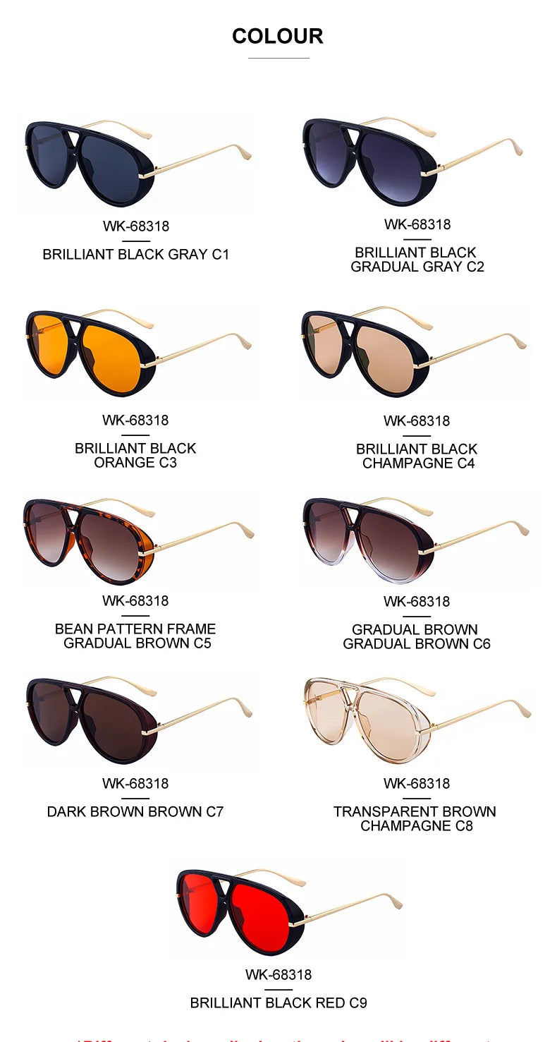 Colección de gafas de piloto vintage sobredimensionadas en varios colores: negro, gris, naranja, marrón y rojo.