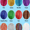 A collection of twelve circular swatches displaying various synthetic hair colors including Pink, Golden, Sky Blue, Purple, S