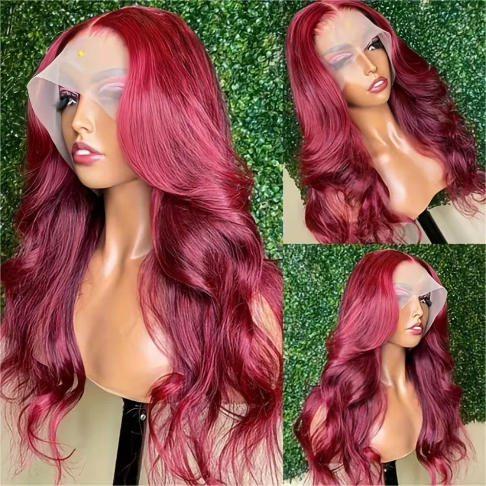 A model showcases a long, wavy burgundy human hair wig with a sheer pink tint.