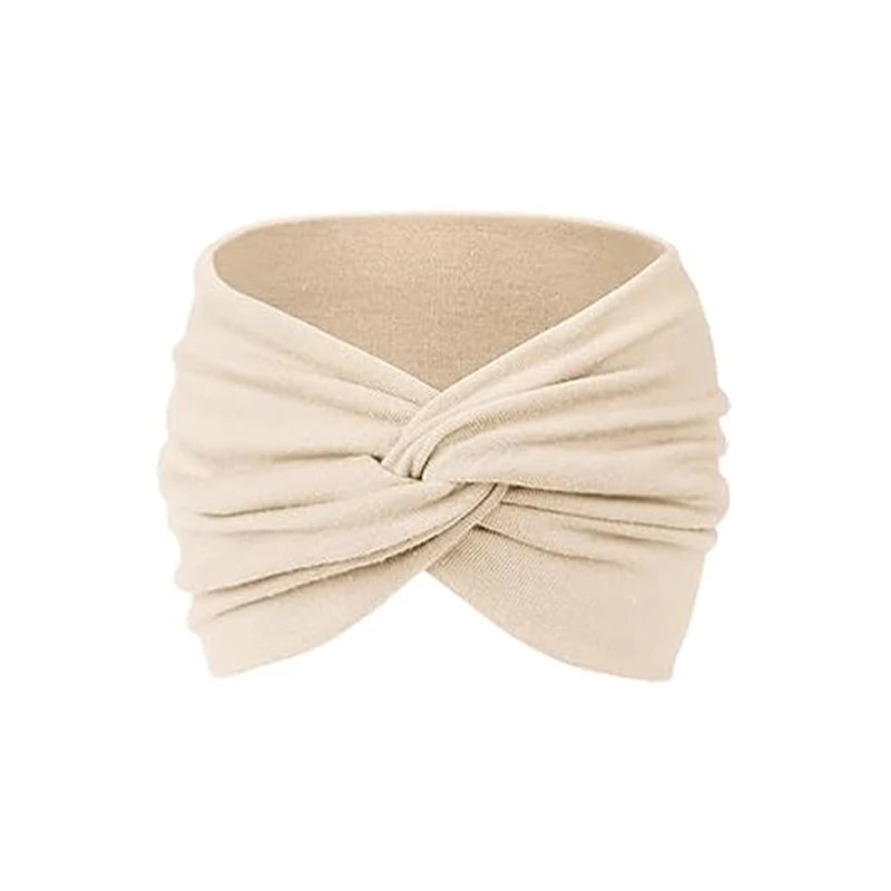 A beige fabric headband tied in a knot, suitable for yoga or sports.