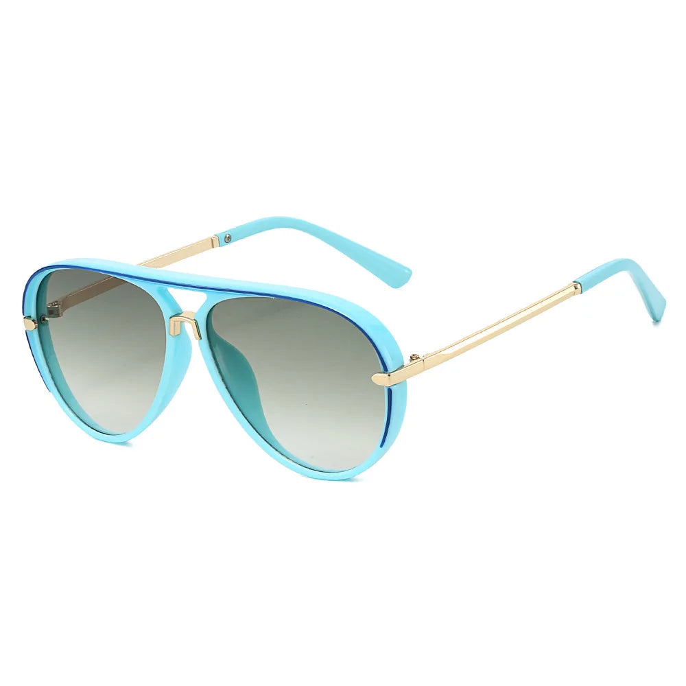 A pair of light blue aviator-style sunglasses with gold accents.