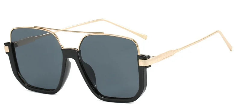 Black and gold double bridge oversized square sunglasses with thin metal arms