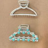 Silver metal hair claw clips decorated with turquoise beads