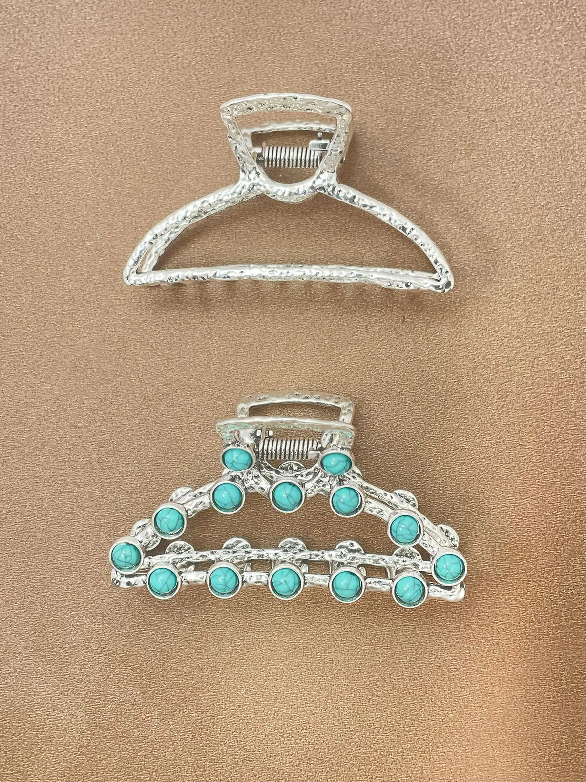 Silver metal hair claw clips decorated with turquoise beads