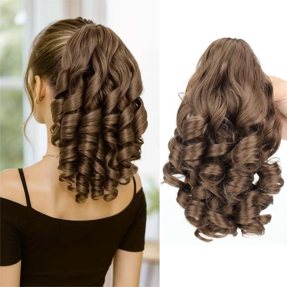 A close-up of a brown hair extension styled in curls and waves, shown from the back.