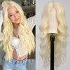 A long, curly blonde synthetic wig displayed on a mannequin head.