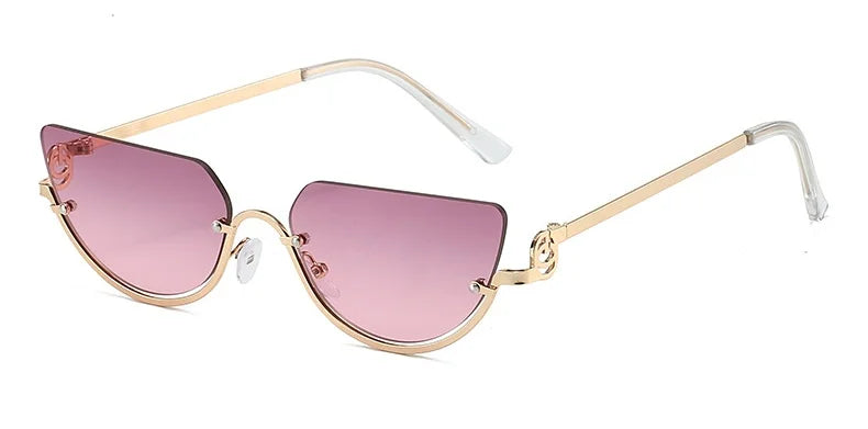 Gafas de estilo ojo de gato metálicas retro con lentes rosas y marcos de metal dorado