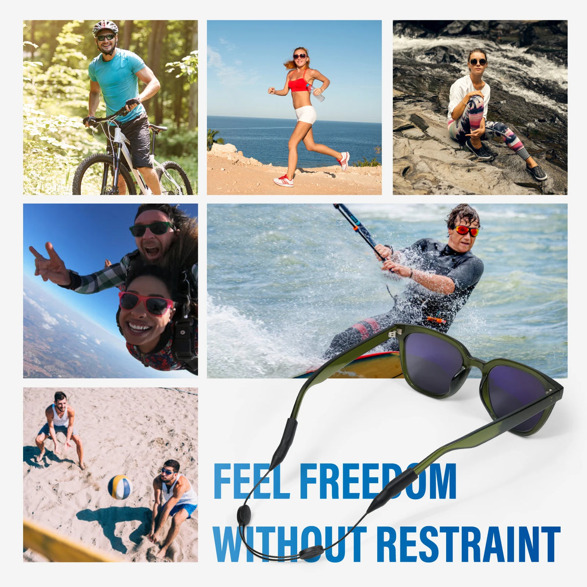 A person wearing sunglasses is shown in various outdoor activities, emphasizing freedom without restraint.