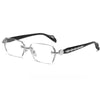 A pair of black retro diamond-edged anti-blue light glasses with a silver frame and dark arms.