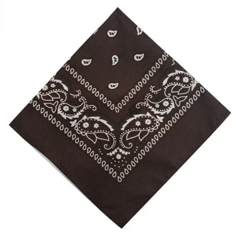 A dark brown fabric bandana featuring white paisley and geometric patterns.