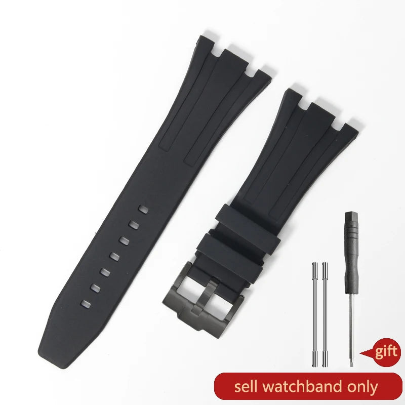 Black silicone watch band with a quick release buckle and a separate pin for replacement