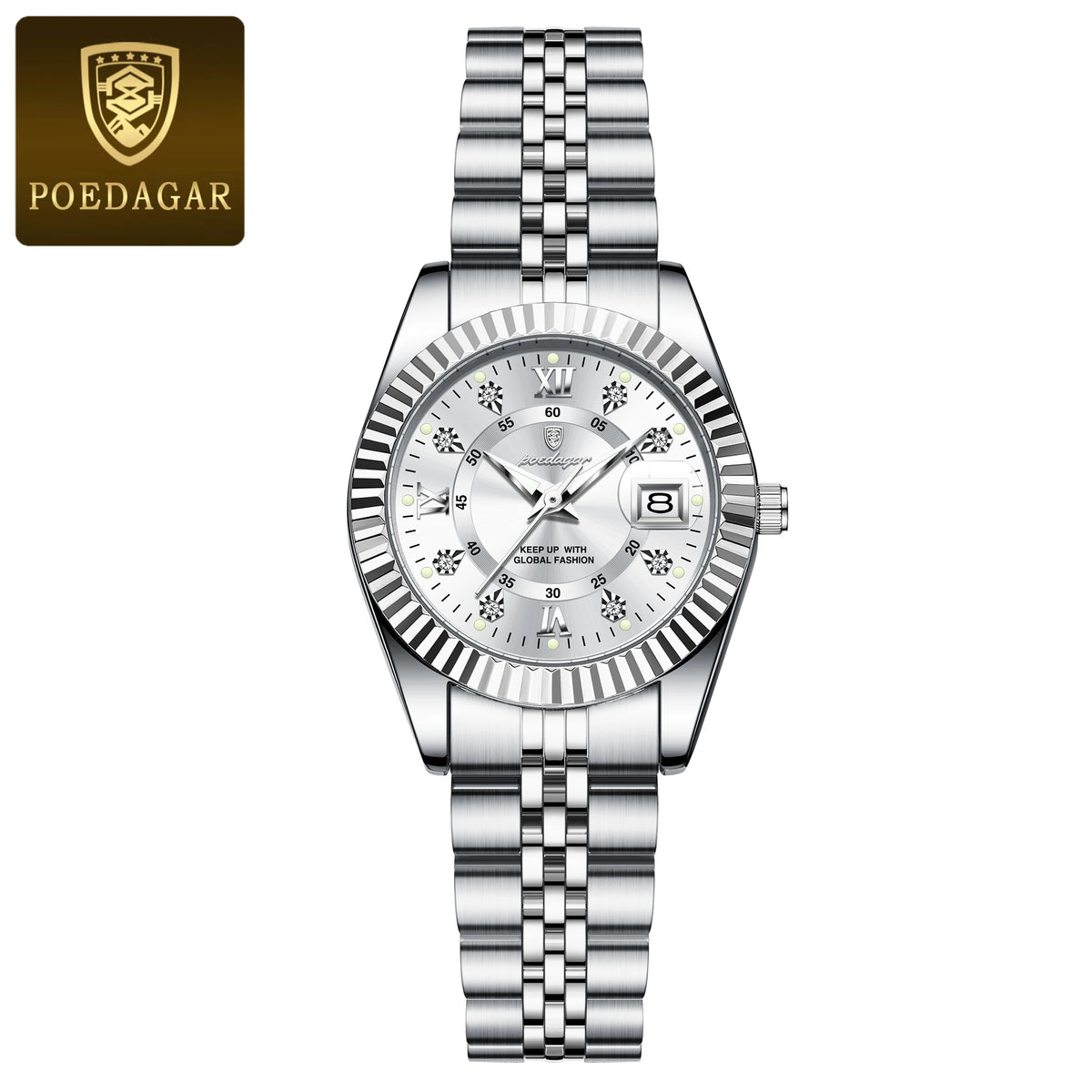 Elegant stainless steel quartz ladies wristwatch with luminous features and a metal bracelet.